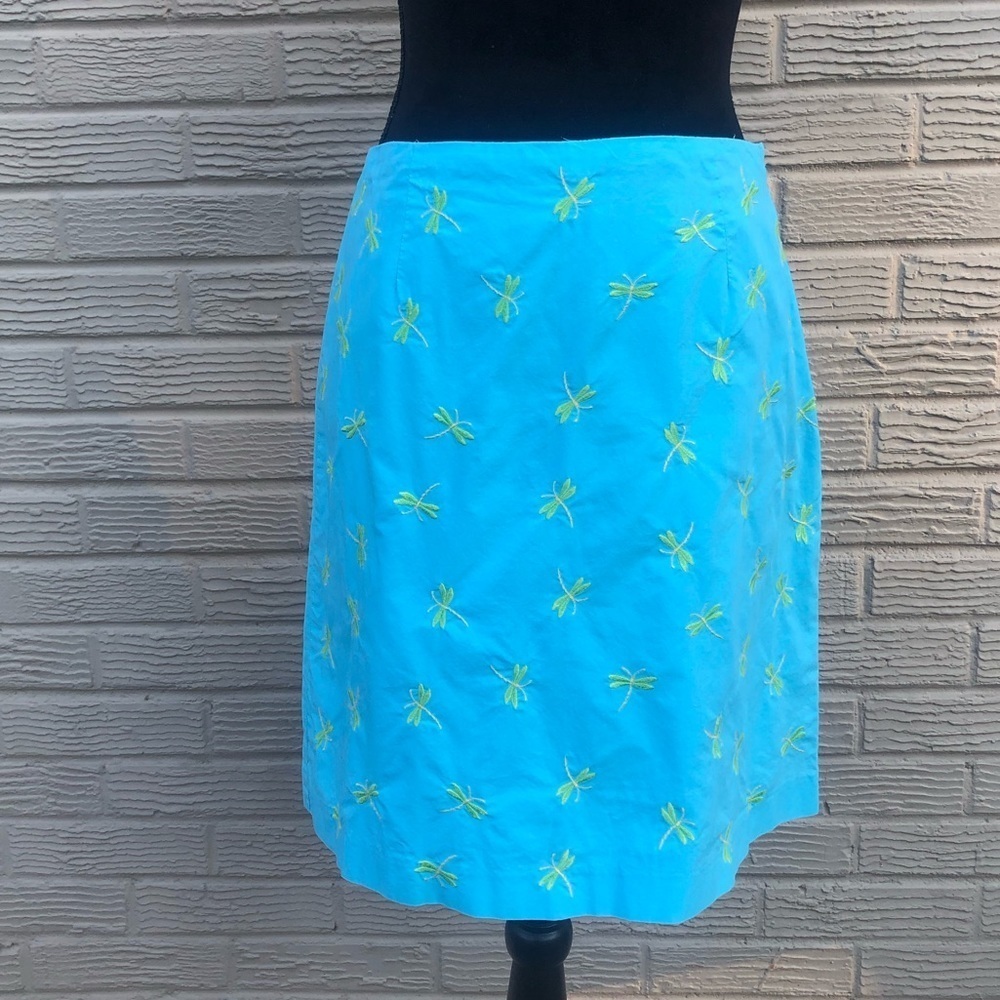 Talbots Petites Blue Cotton Pencil Skirt Green Embroidered Dragonfly Print 6